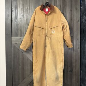 VTG Carhartt 1990s Quilted Duck Canvas Coveralls Brown Lined Thrashed 50R USA